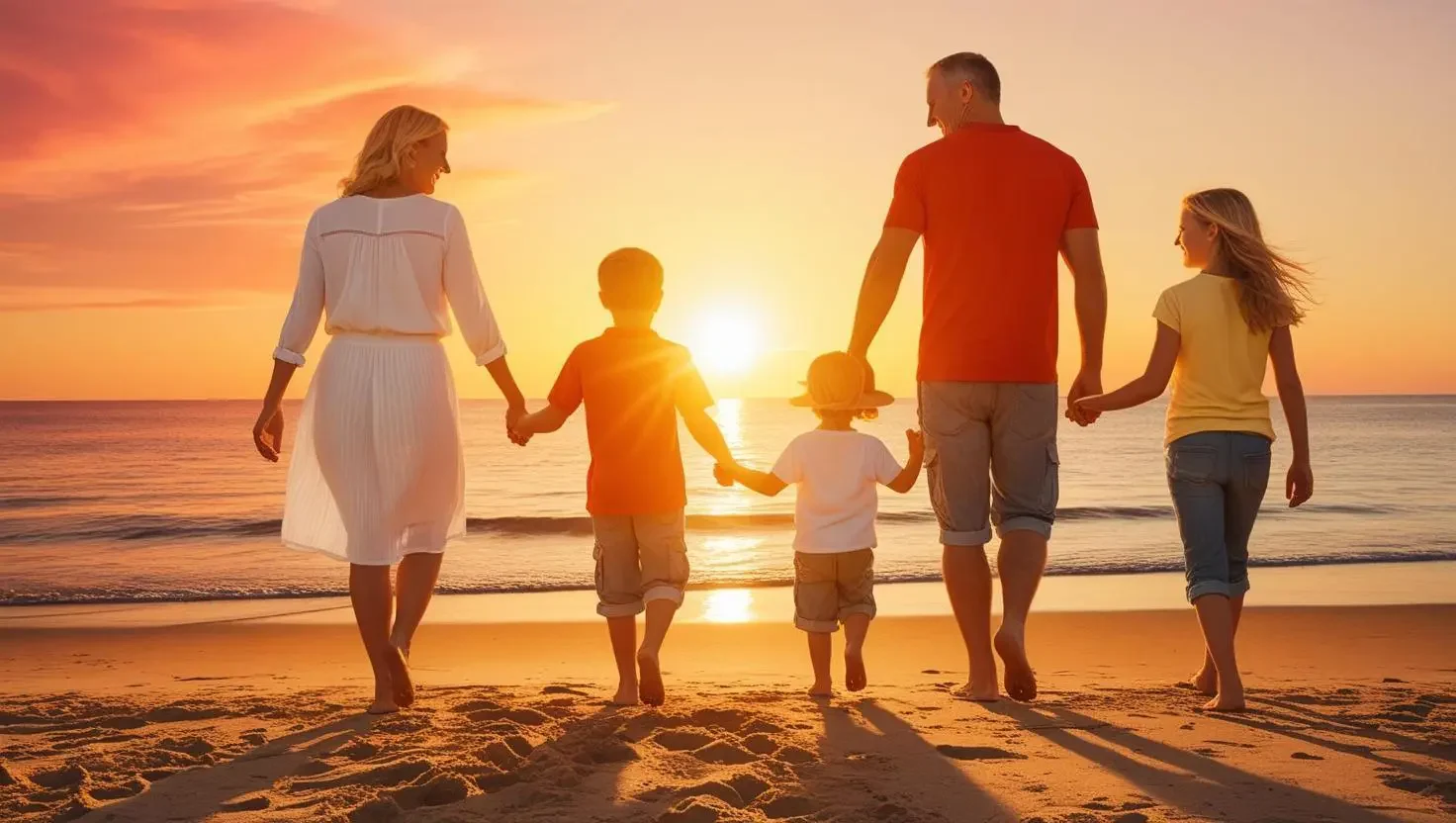 Family holding hands and walking together at sunset