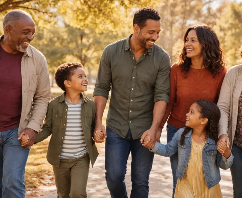 Multigenerational family walking through a sunny park holding hands and smiling