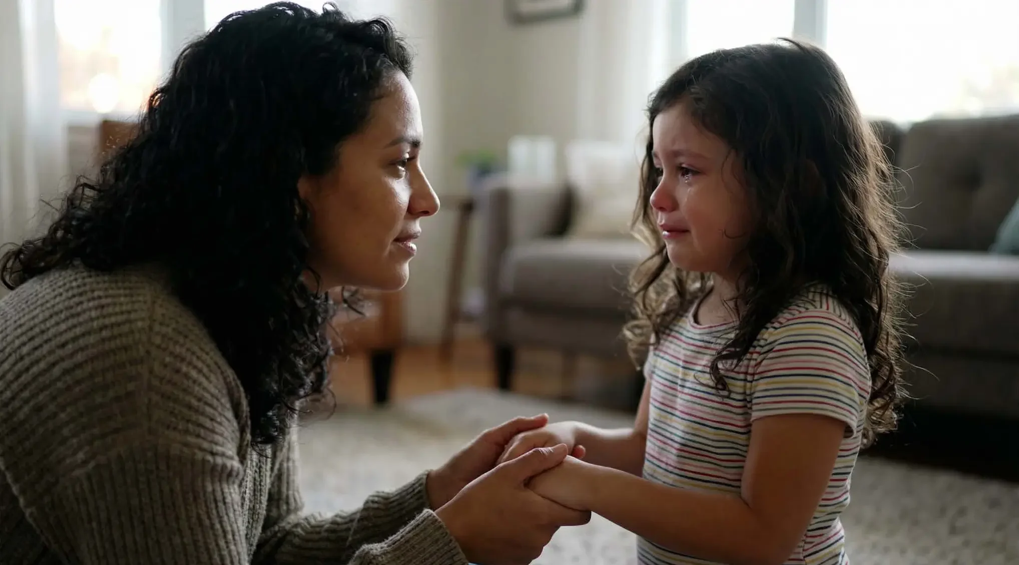 mother holding her daughters hands because she is emotionally upset