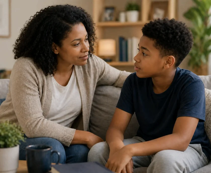 Parent and child having a supportive conversation in a calm home environment