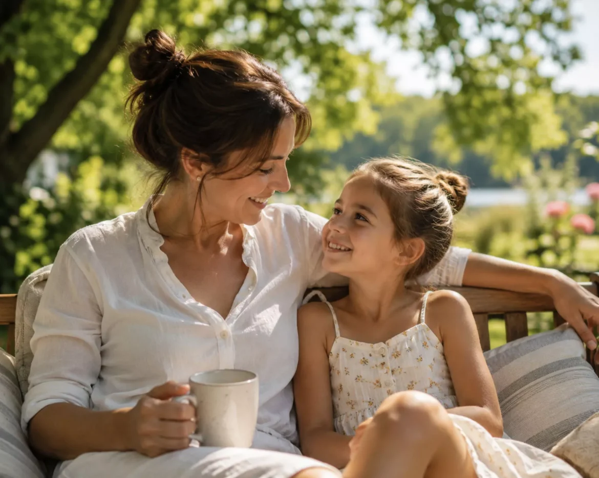 A parent and child sitting together outdoors during summer, looking relaxed and connected