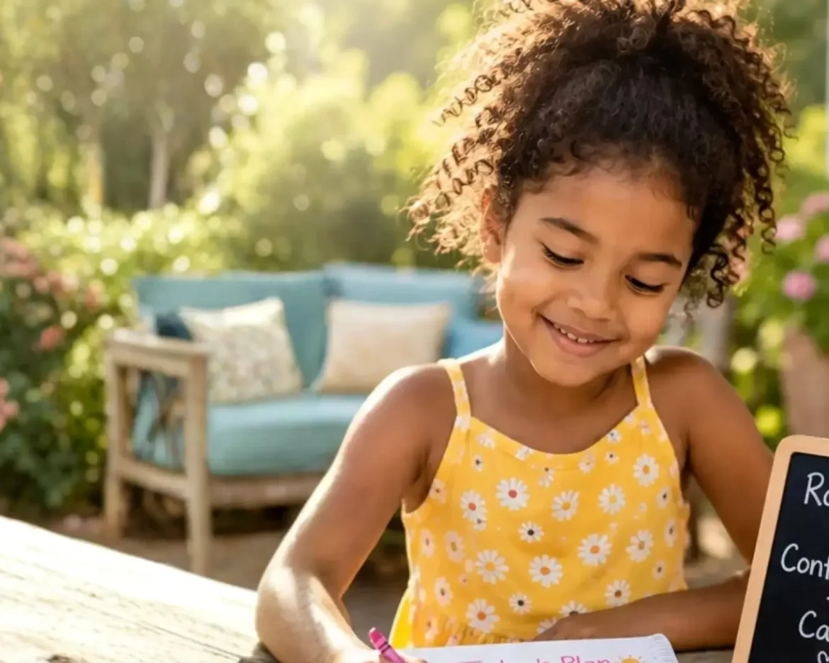 little girl making a list very happy outside in thbackyard in sun
