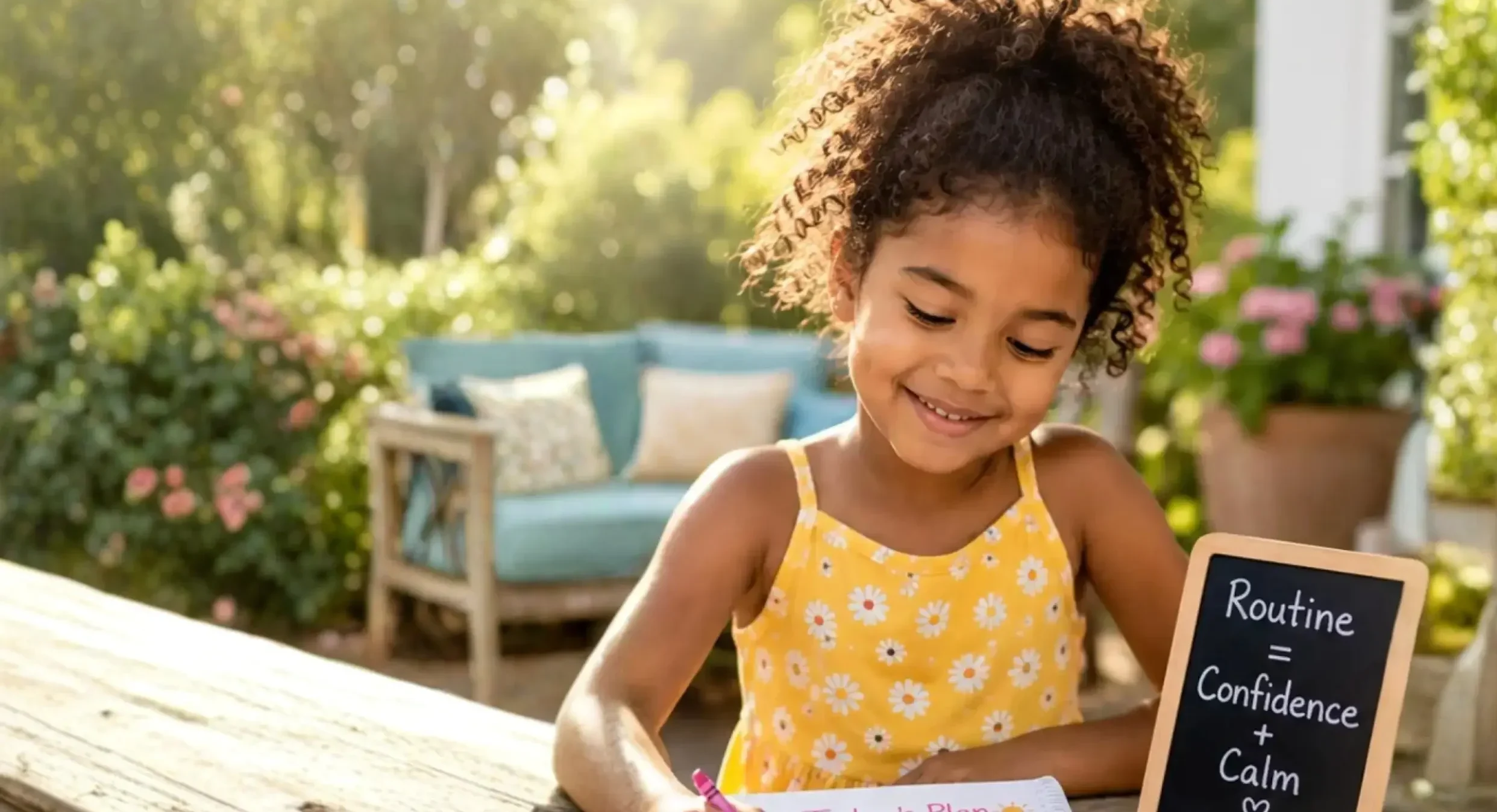 little girl making a list very happy outside in thbackyard in sun