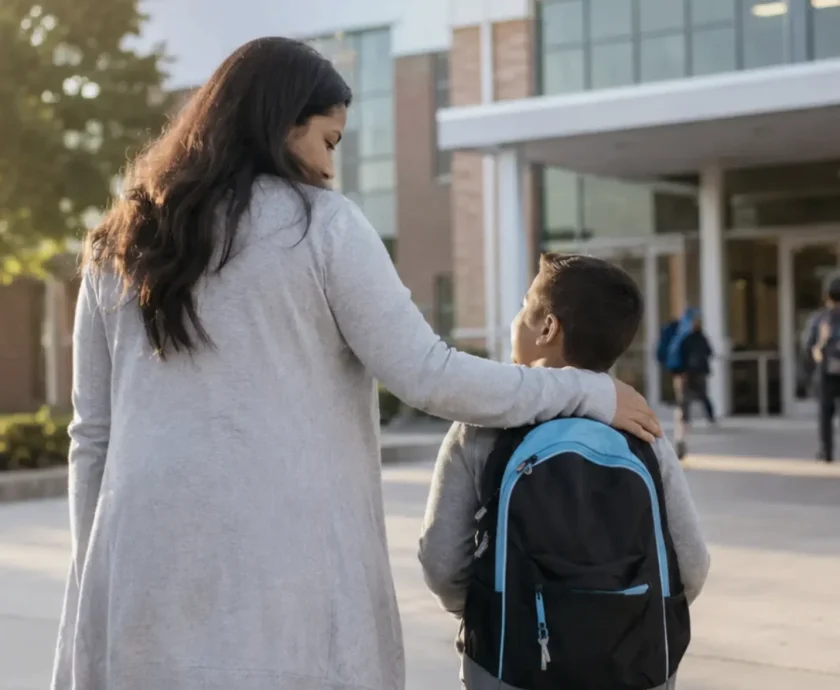 A parent walks their child into school on the first day, holding hands and smiling reassuringly.