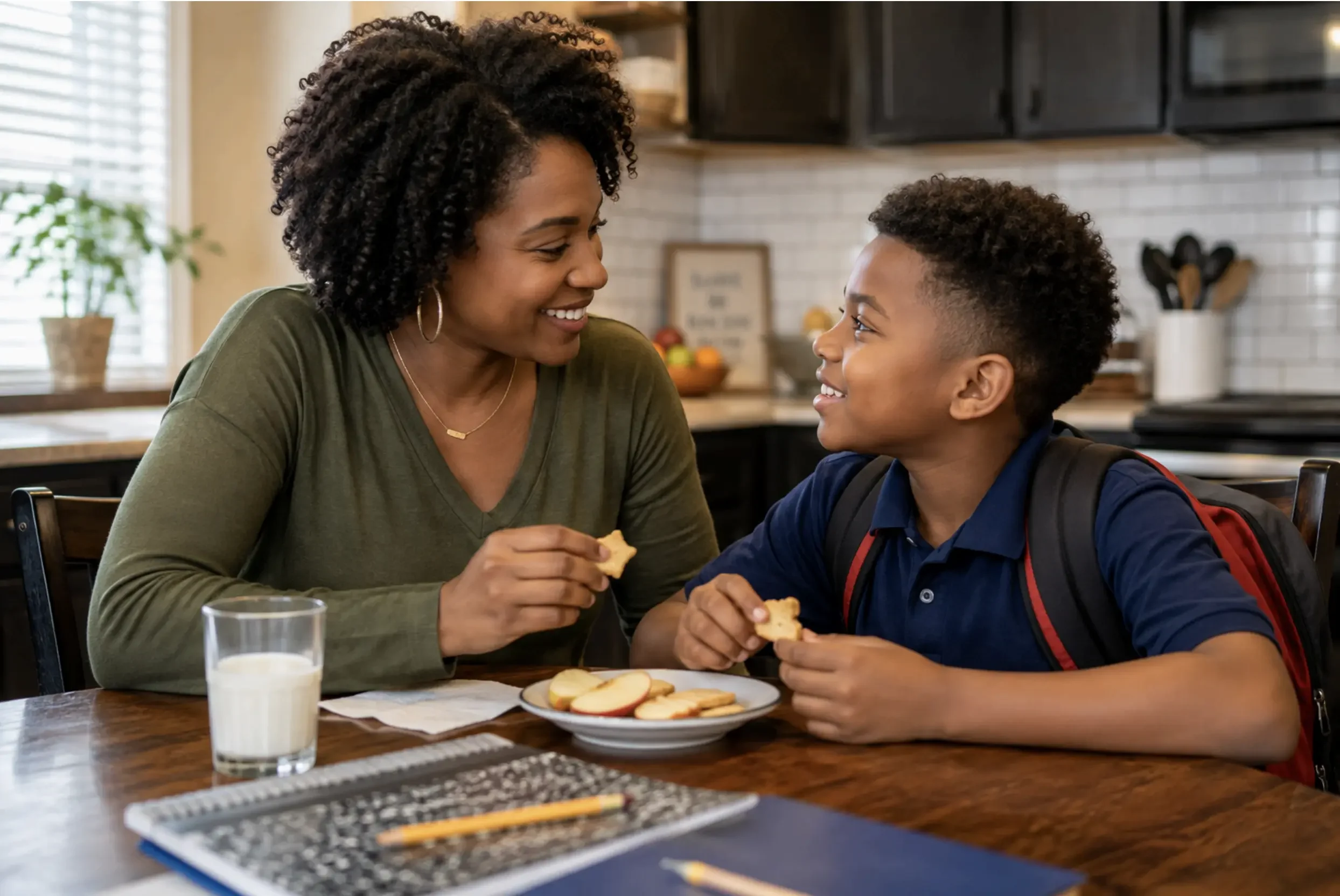 A parent sitting with their child at the kitchen table after school, sharing a snack and talking.