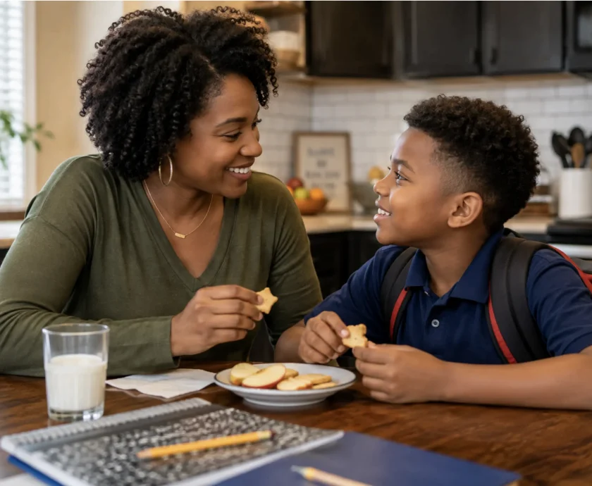 A parent sitting with their child at the kitchen table after school, sharing a snack and talking.