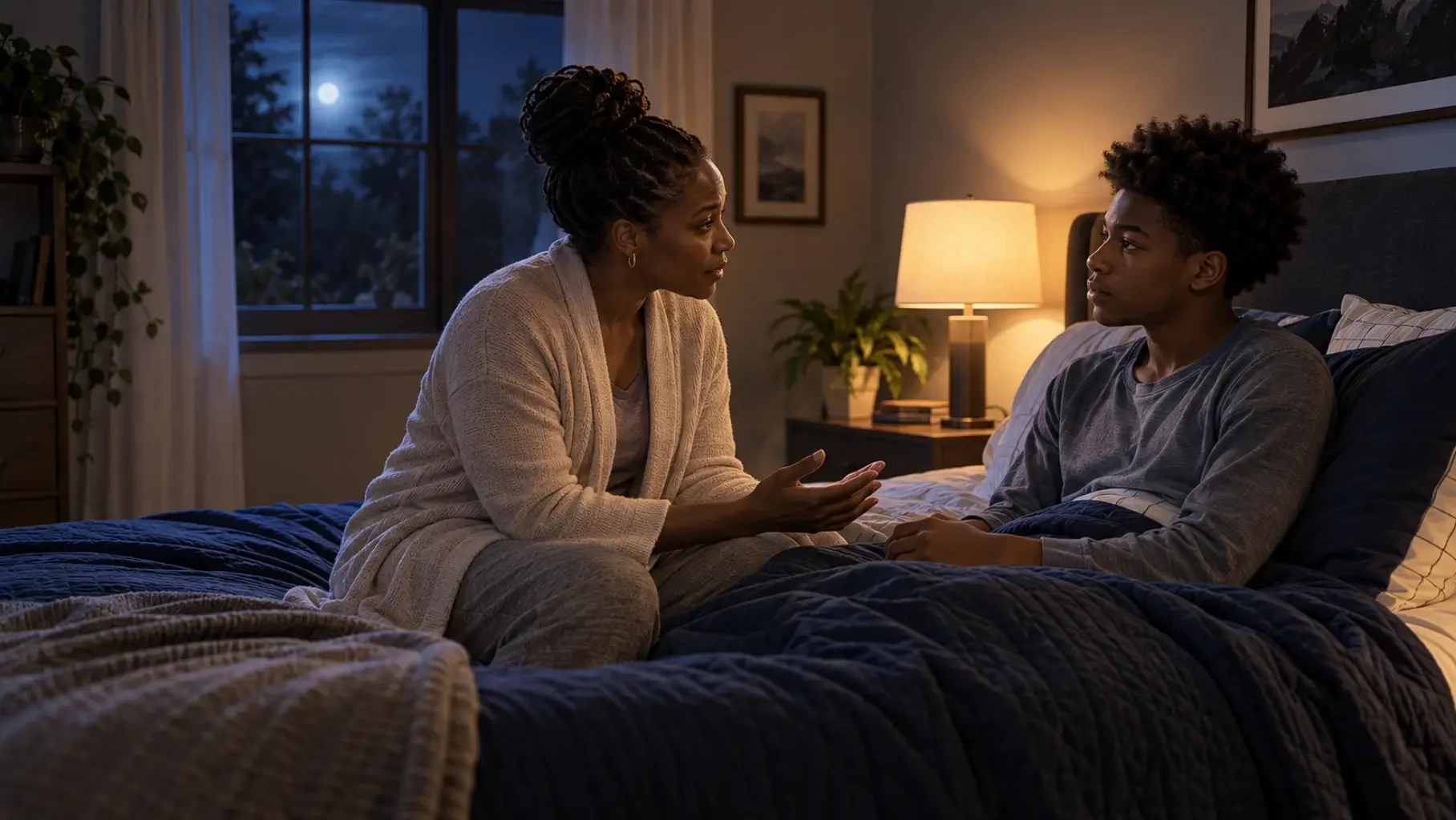 A parent sitting on the edge of their teenager's bed at night, having a quiet, serious conversation.