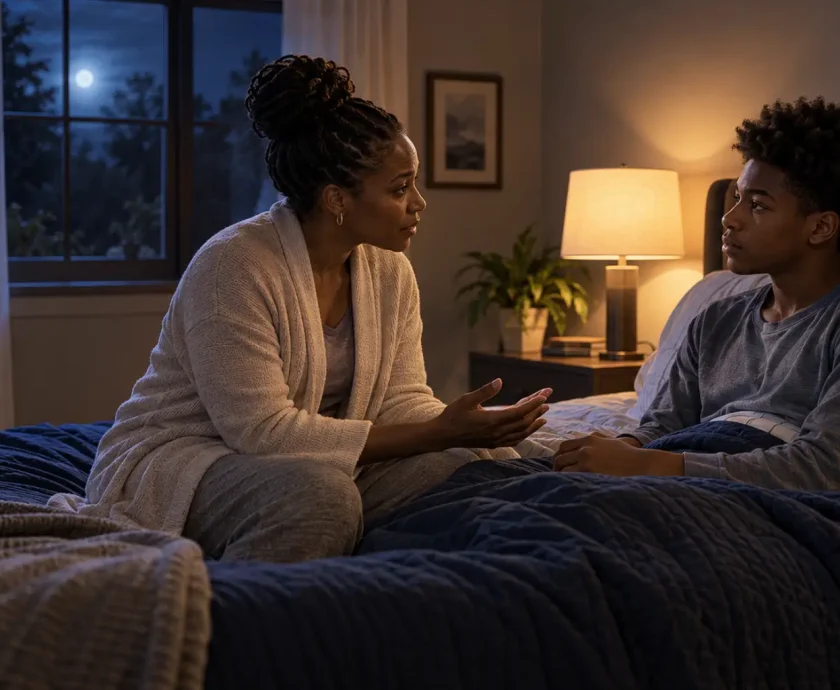 A parent sitting on the edge of their teenager's bed at night, having a quiet, serious conversation.