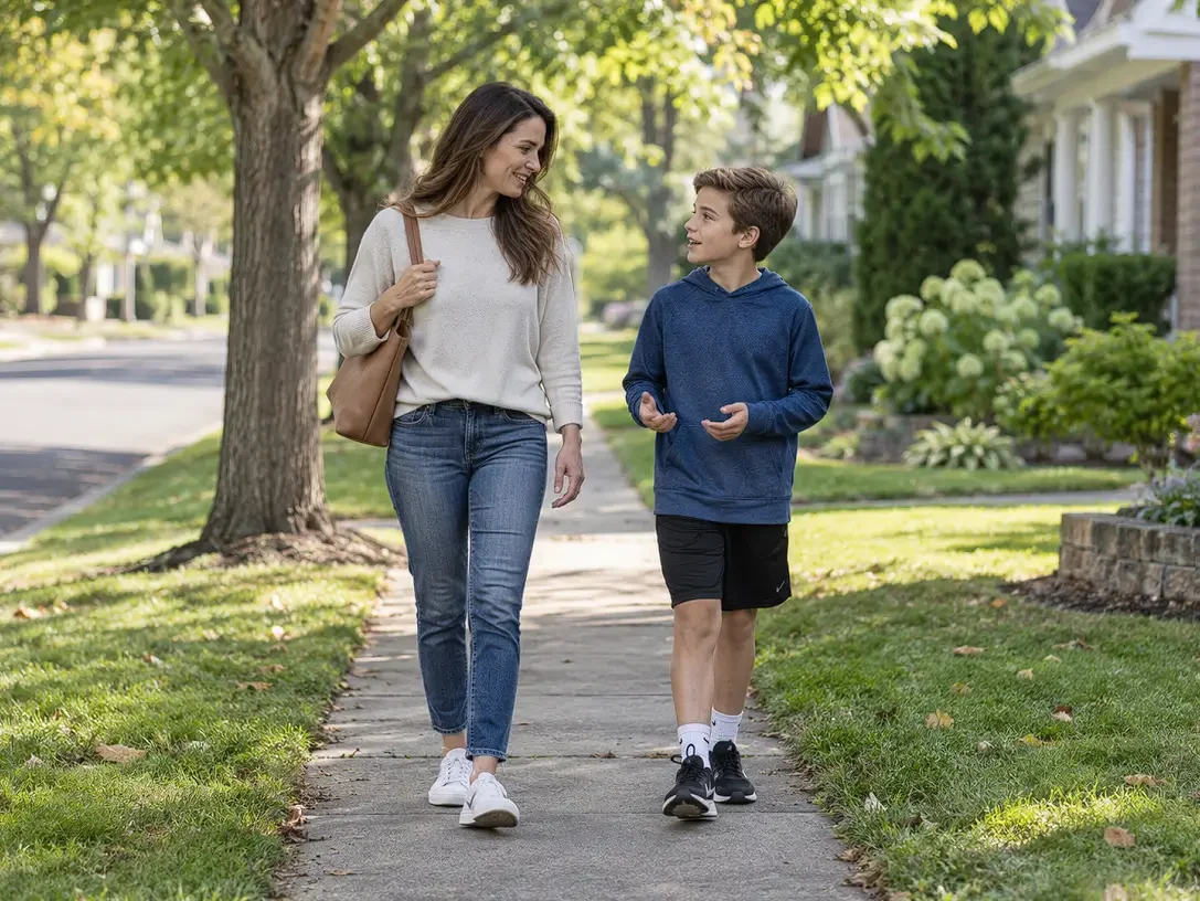 A mother and son walking together outside on a neighborhood path, talking side by side.