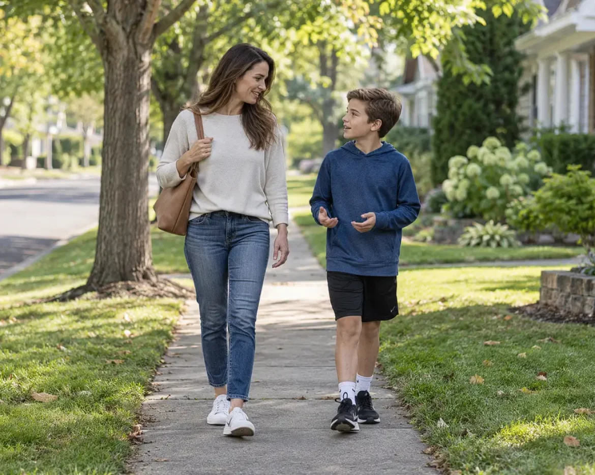 A mother and son walking together outside on a neighborhood path, talking side by side.