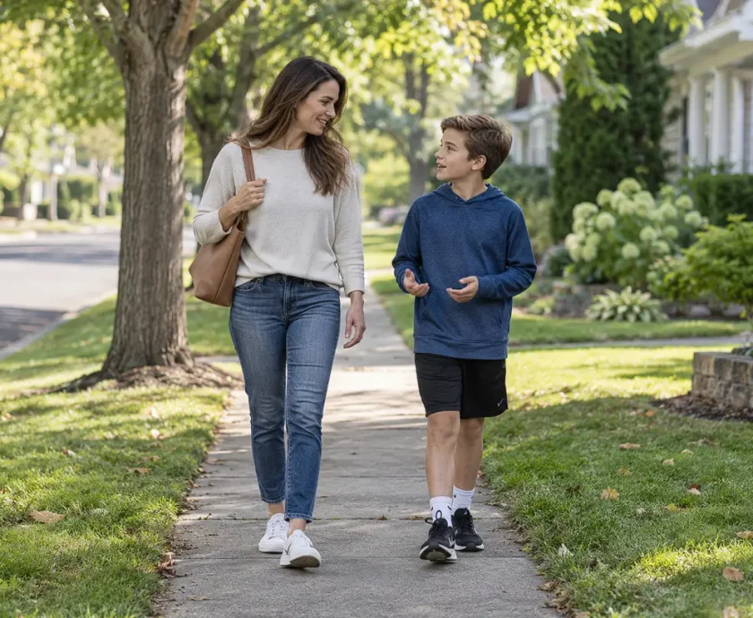 A mother and son walking together outside on a neighborhood path, talking side by side.