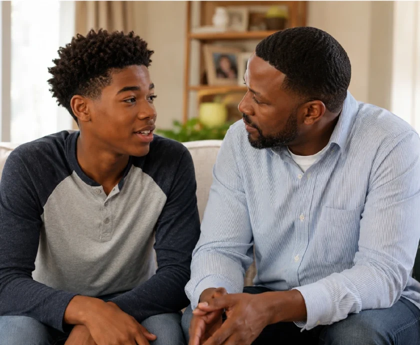 A parent sitting close with their teenager on the couch, giving them full attention during a quiet conversation.