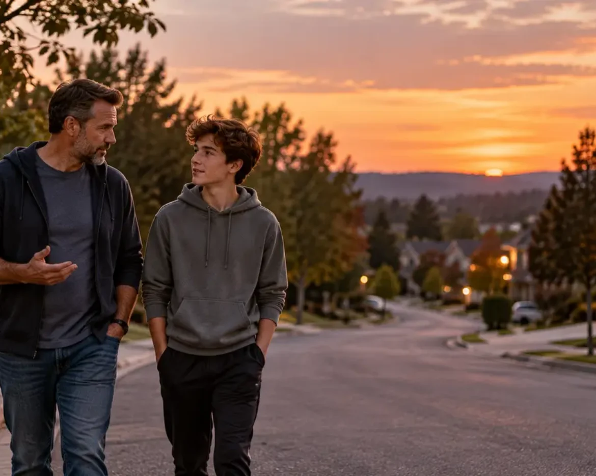 A father and his teenage son walk side by side down a quiet neighborhood street at dusk, talking.