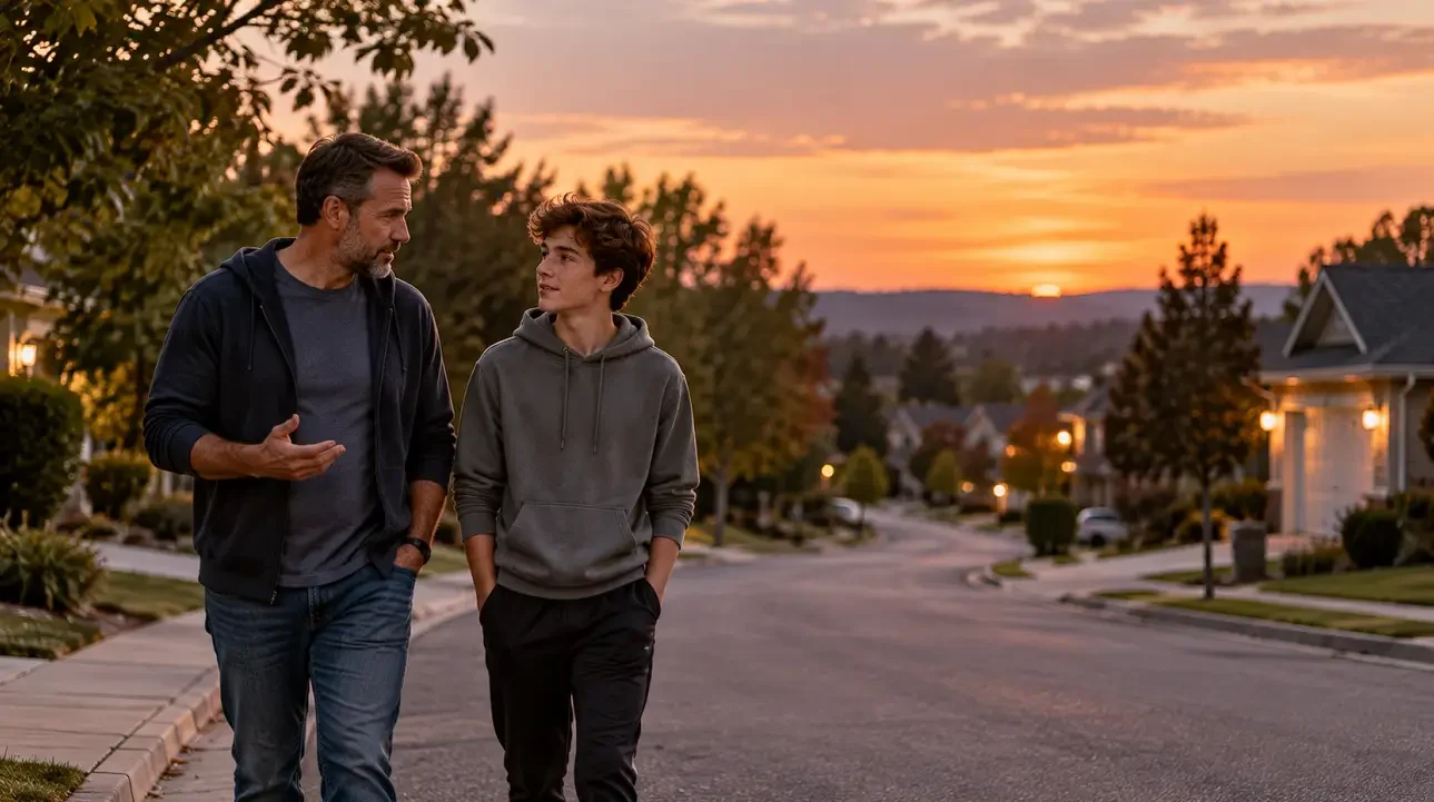 A father and his teenage son walk side by side down a quiet neighborhood street at dusk, talking.